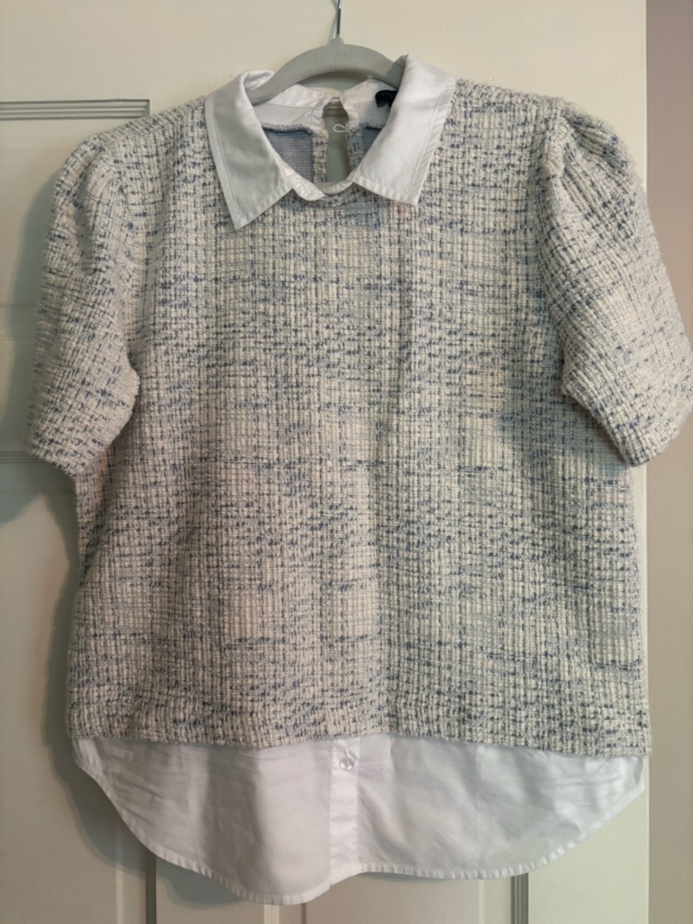 NWOT Ann Taylor White & Light Blue Tweed-Look Layered Shirt Top